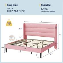 Allewie Full/Queen/King Size Platform Bed Frame With Velvet Upholstered Wingback Headboard, No Box Spring Needed, Under Bed Storage Space, Strong Wooden Slats, Modern Mattress Foundation, Easy Assembly, Pink