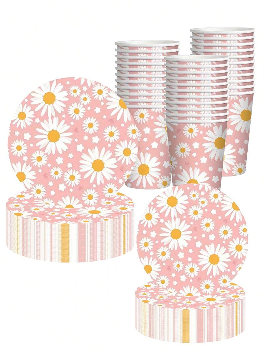 Juego de 10 piezas/Set de platos, tazas y servilletas desechables con estampado de margaritas, suministros para fiestas con tema floral, juego de vajilla para bodas, baby shower, fiestas de cumpleaños, color rosa - Multicolor - Ver 1