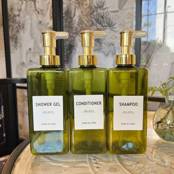 Lot de 3 bouteilles de grande capacité de 21.98oz - bouteilles rectangulaires longues, rechargeables, pour le rangement et la classification. Grandes bouteilles pour les shampoings, gels douche, après-shampooings, etc. Avec étiquettes de classification imperméables.