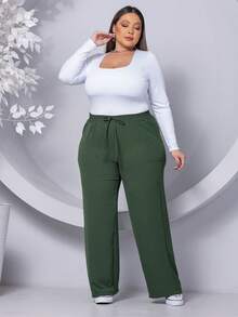 Wide Leg Plus Size Trousers - Army Green - View 2