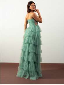LONG WEDDING PARTY DRESS  BRIDESMAIDS CLASSIC TULLE WITH SHINE - MINT GREEN - View 2