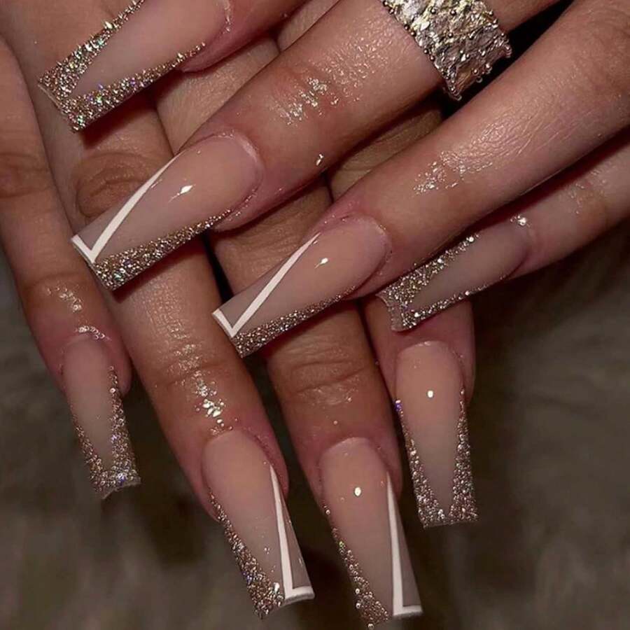 DANMANR Long Press On Nails Square French Fake Nails Full Cover Nude Acrylic False Nails For Women And Girls 24PCS (Bling Multicolor) - 淺藍色 - 查看 1