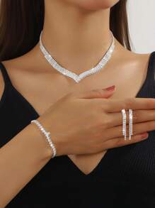 4 件奢华锆石镶嵌项链、耳环和手链首饰套装，适合女性日常通勤、校园约会、婚礼派对、情人节节日礼物 - 精緻百搭項鍊套裝 - 查看 7