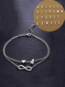 1 szt. Modna, uniwersalna biżuteria w stylu europejskim i amerykańskim, dwuwarstwowa bransoletka na kostkę w kształcie serca z 8 literami i 26 angielskimi literami