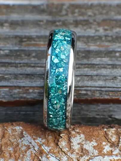 8mm Elegant Titanium Steel Couple Rings, Suitable For Women, Blue-Green Floral Inlay, Minimalist Design - Perfect For Proposal, Casual Wear And Gifts