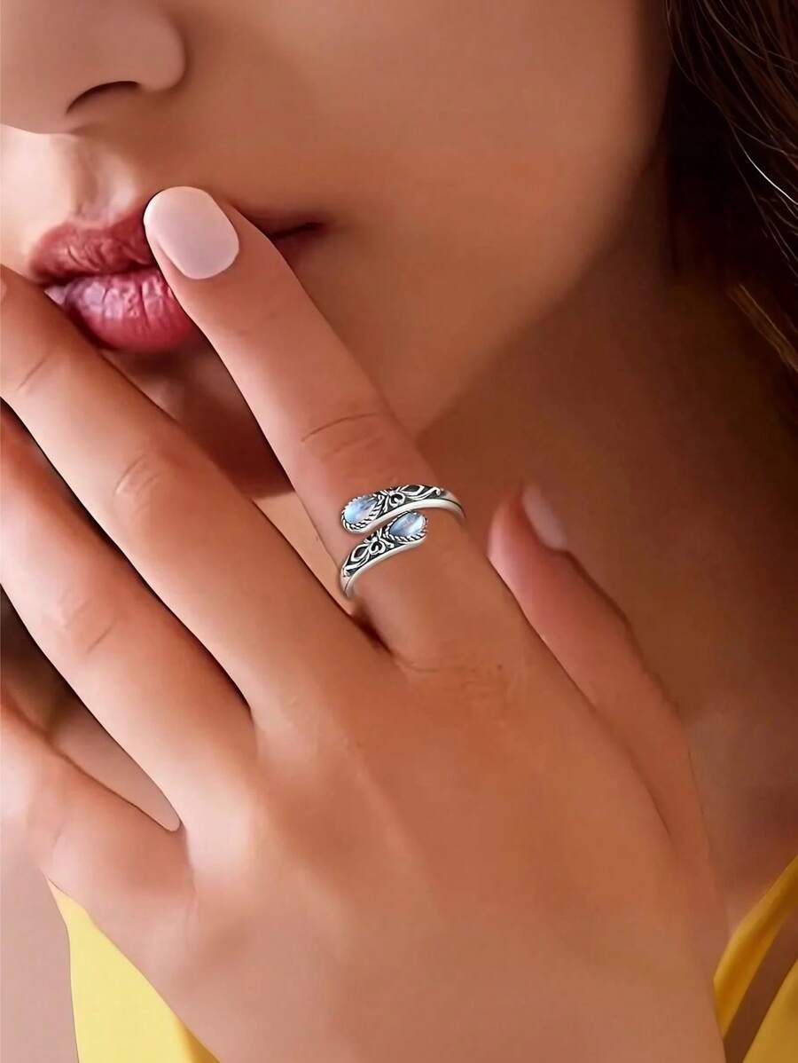 1 件月光石勺形戒指，复古维多利亚浮雕蝴蝶结波西米亚风格戒指，黄金首饰不锈钢首饰女士戒指