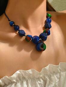 1 件波西米亚复古木质八角形串珠手工吊坠项链，夸张短款颈链，适合女士 - 藍色 - 查看 1