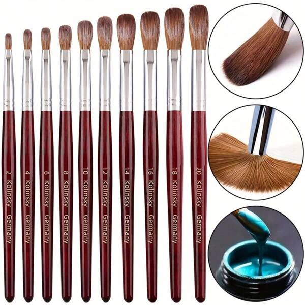 Pincel profesional de uñas de madera roja Kolinsky de talla 2#-24#, pincel de arte de uñas, pincel constructor de gel, bolígrafo de dibujo de uñas, herramienta de accesorios de manicura DIY