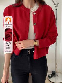Cárdigan informal con botones de color sólido para mujer, suéter corto de manga linterna retro de otoño e invierno, adecuado para ocasiones diarias en primavera y otoño. - Rojo - Ver 1