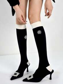 1双/2双 法式刺绣山茶花图案过膝袜，黑白配色，Y2K风格，舒适