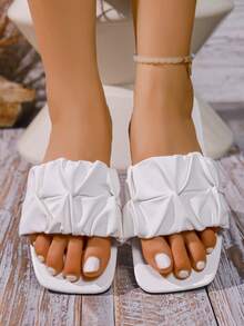 Women's Ruched Square Toe Casual Versatile Flat Sandals - White - View 5