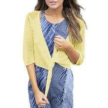 Women Tie Front Shrug 3/4 Sleeve Sheer Bolero Knotted Lightweight Cardigan For Women Tops Women Fall Outfits - 淡黃色 - 查看 4