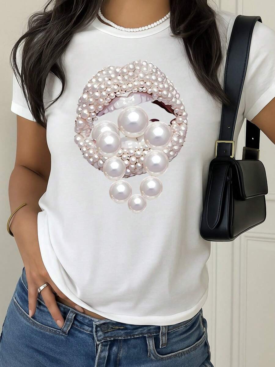 1 Color combinado Casual Dulce Fiesta Elegante Sexy Ninguno Perlas Playa Boda Vacaciones Deportivo Oficina Casa Concierto de música country fiesta del té viaje Despedida de soltera verano Camiseta de Manga Corta Ajustada para Mujer - Top Casual con Estampado de Corazón de Perlas y Pedrería, Cuello Redondo, Lavable a Máquina, Estilo Holgado para Comodidad Diaria y Looks Modernos, Camisetas Elegantes, Tela Cómoda para Uso Diario, Tejido Medio Elástico, Material No Transparente - Blanco - Ver 1