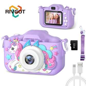 RIVGOT Kerstdecoratie 1pc Siliconen Beschermhoes Eenhoorn Thema Selfie Hd Kindercamera, Oplaadbare Elektronische Digitale Camcorder Met Dubbele Camera's & 32gb Sd Kaartlezer, Draagbare Speelgoedcamera Geschikt Voor Peuters, Meisjes En Jongens Van 3-12 Jaar, Geweldig Voor Terug Naar School En Verjaardagscadeaus, Digitale Camera>Kind, Elektronisch Speelgoed, Kindercamera Meisjes