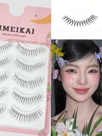 LIMEIKAI 5对浅色ACE韩国偶像女子组合全长假睫毛，一体式，蓬松自然，初学者睫毛条，睫毛，睫毛，假睫毛