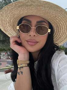 1 Pair Of Retro Golden Brown Glasses, Retro And Fashionable, Suitable For Women, Summer Beach Vacation, Outdoor Activities, Travel Wear, Pearl Decoration Party Style Combination Frame, Suitable For Music Festivals. - 棕色 - 查看 1