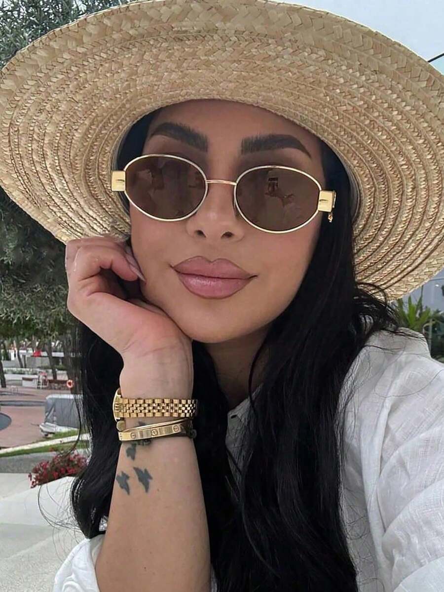 1 Pair Of Retro Golden Brown Glasses, Retro And Fashionable, Suitable For Women, Summer Beach Vacation, Outdoor Activities, Travel Wear, Pearl Decoration Party Style Combination Frame, Suitable For Music Festivals. - 棕色 - 查看 1