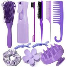 11件套男女通用美发梳套装，包含蓬松梳、边缘梳和后梳梳理梳，以及带喷雾瓶的卷发梳套装，方便梳理打结的头发。此外，还包含头皮按摩洗发梳、高级宽齿梳、花朵发夹、造型梳套装、梳子、梳齿梳、梳子、后梳、边缘梳、梳齿梳、梳子、理发师、美发设备、美发、梳子、梳子套装、梳子、卷发梳、梳齿梳、女士梳子、理发店、美发设备 - 彩色 - 查看 7