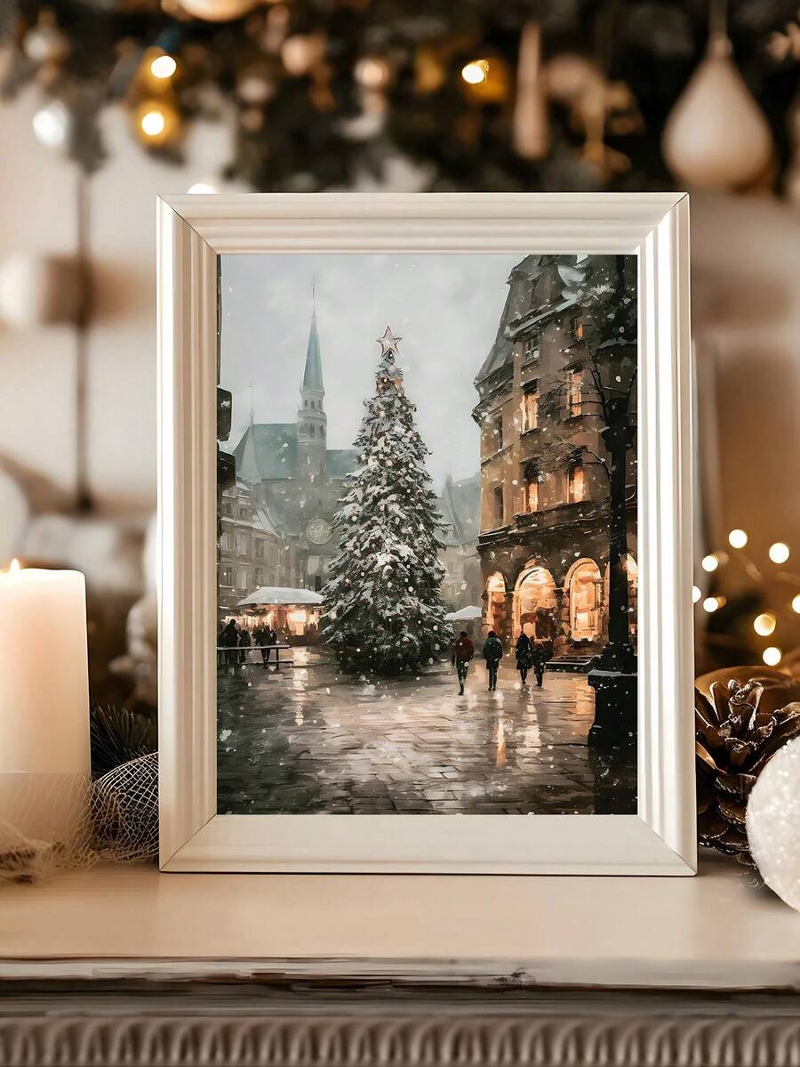 1pc Winter Canvas Print Wall Art Print Christmas Tree Winter Wonderland Classic Picture Poster Old European City Cityscape Holiday Decor, Modern Classical Christmas Canvas Art Print, Vintage Tree Poster, Christmas Wall Art, Bedroom Decor, Living Room Decor Home Decor Christmas Decorations - Multicolor - View 1