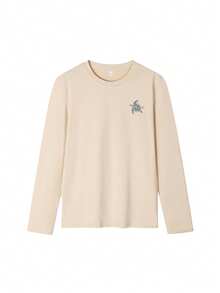 女士秋冬高领标语印花圆领长袖T恤，休闲宽松百搭的假日风上衣，时尚秋季女装，适合日常穿着。 - 杏色 - 查看 4