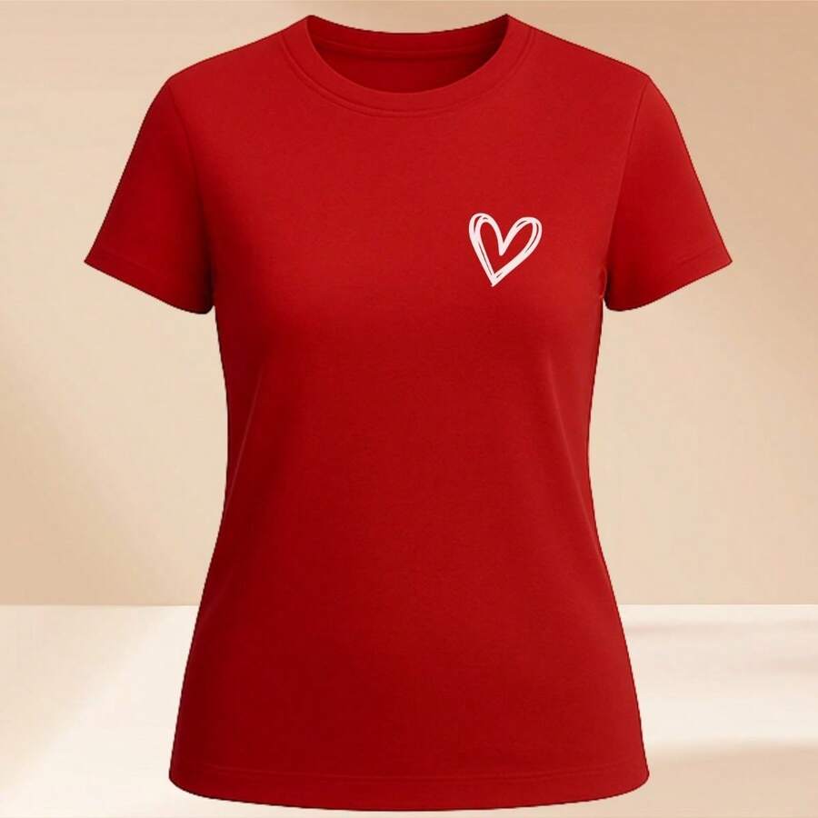Women's Basic T-Shirt Cute Heart 100% Cotton Various Colors - 紅色 - 查看 1