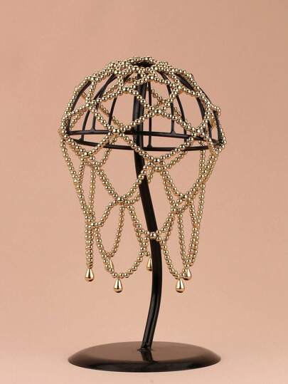 Diadema de lujo con cuentas doradas, cadena de borlas huecas multicapa exagerada, accesorios para el cabello de fiesta de maquillaje de moda, decoraciones para eventos de boda y festival, tocado, joyería para la cabeza, cadena para el cabello, joyería para el cabello, joyería para mujeres, tocado dorado, novia