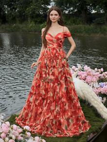 Faeriesty Vestido de noche de lujo con hombros descubiertos, tirantes finos y detalle de lazo en la espalda - Falda formal de línea A con volantes escalonados para galas de etiqueta negra, estrenos de ópera, bodas de lujo, eventos de alfombra roja, cenas de lujo - Rojo - Ver 3