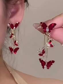 2件套 时尚优雅性感红黑蝴蝶吊坠耳环套装，镶嵌闪亮水钻，流苏长耳环，适合日常和派对场合，四季皆宜。 - A - 查看 4
