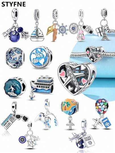 STYFNE 1 pieza Conjunto de dijes con motivos de barco de vela azul, cámara, viaje feliz, auriculares, consola de juegos, concha marina, pluma, timón, cuerno de buey, taza de café, Torre Eiffel, cuentas, adecuado para pulseras DIY, joyería de mujer, hecho a mano, regalo pequeño diario