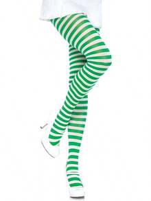 Women's Nylon Striped Tights - 白色/綠色 - 查看 1