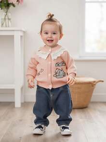 Baby Girl Cardigan, Long Sleeve Button Closure Embroidery Rabbit Winter Warm Knit Sweater Infant Clothes - Pink - View 7