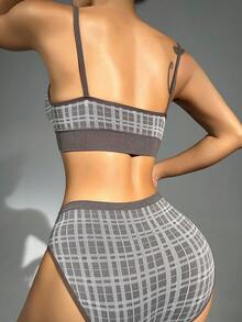 2件无缝内衣套装，经典格纹套装（无衬垫吊带背心和无钢圈文胸+内裤），V领女士文胸和内裤 - 咖啡棕 - 查看 3