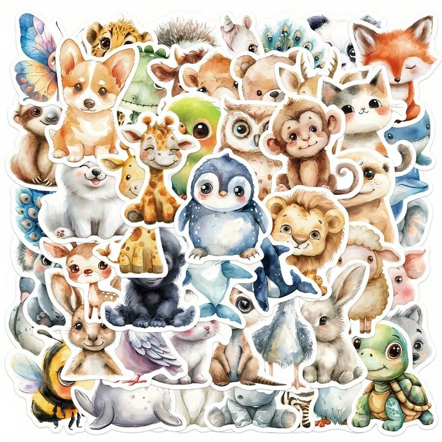 50 PCS Watercolor Animal Cute Aesthetics Stickers - Insane Fun, Love, And Doodle Cartoon Art - Cool  - For Halloween, Christmas, Decoration - Perfect Gift For Adults - Reusable, PVC, Irregular Shape, Cartoon Pattern, Suitable For Plastic, Glass, Metal, Ceramic Surfaces - Self-Adhesive - Brand: Huaiyuan