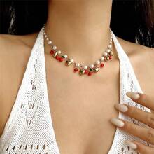 1 Strand Lady's Cherry Beads Heart Shape Charms Design Necklace, Elegant Personality Versatile Party Banquet Daily Wear Jewelry - 金色 - 查看 5