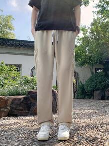 Brand Casual Pants, Multi-Pocket With Drawstring, Relaxed Straight Leg Sweatpants For Men, Lightweight For Summer