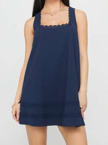 Vestido mini suelto informal de verano para mujer, con encaje y retazos, cuello cuadrado, sin mangas, para fiesta, playa, club, ropa de calle - Azul Marino - Ver 2