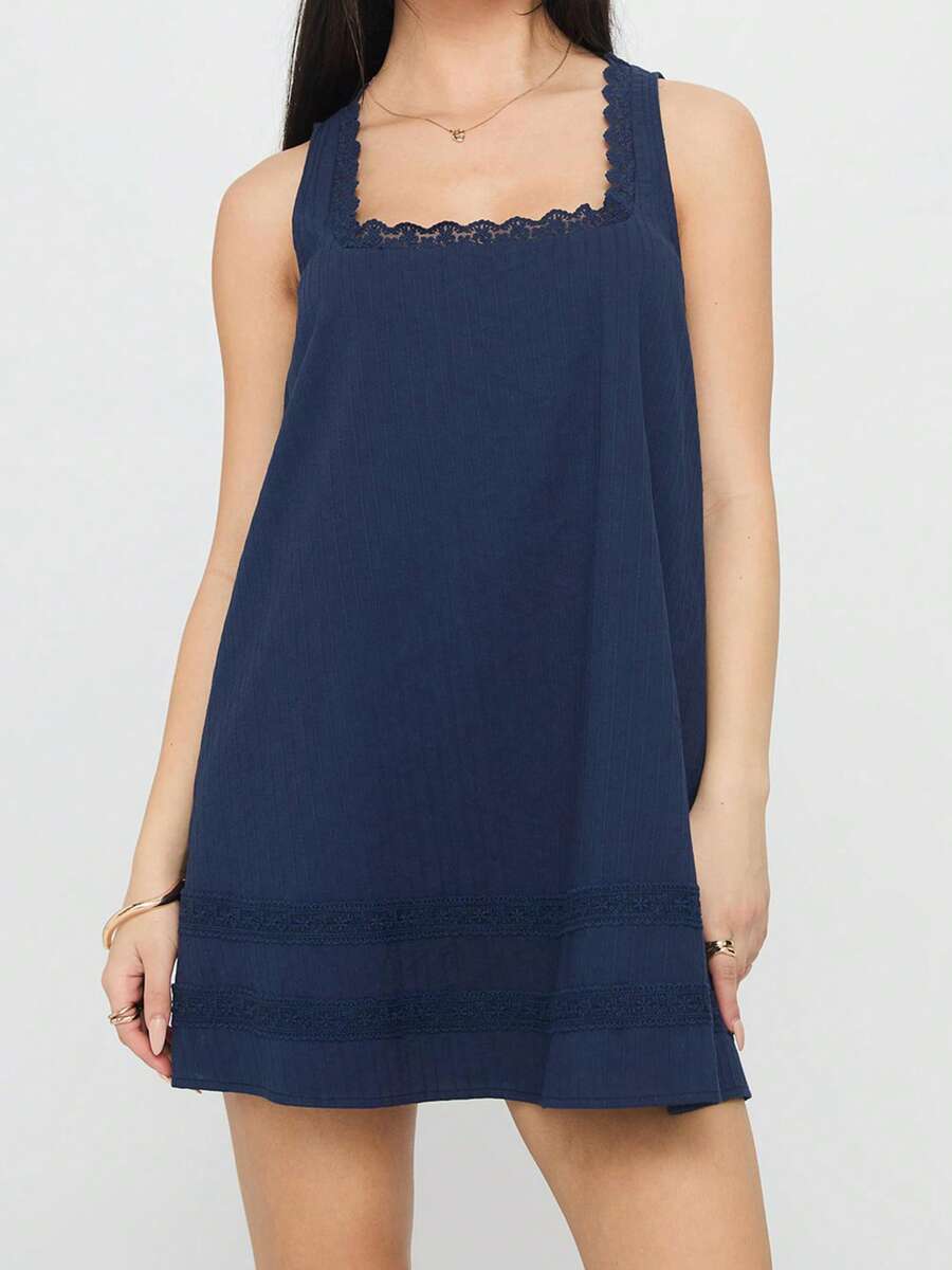 Women's Babydoll Mini Dress Y2k Lace Trim Square Neck Loose A Line Dress Aesthetic Sleeveless Flowy Short Sundress Beach Club Party Streetwear - 藏蓝色 - 查看 1