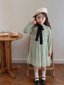 Girls' Autumn Shiny Mesh Flowy Long Sleeve Casual A-Line Dress - Green - View 4