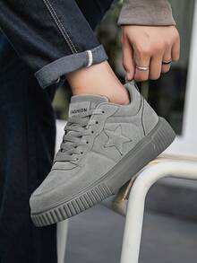 Men's Classic Solid Color Patchwork Star Pattern Design Comfortable Flat Bottom Sports Shoes, Outdoor Daily Commute Versatile Couple Low-Top Skate Shoes - Grey - View 9