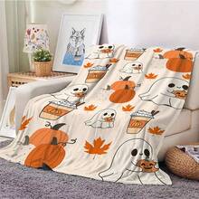 1pc Cartoon Cute Halloween Theme Blanket, Featuring Ghost & Pumpkin Print, Made Of Soft Flannel Fabric, Warm And Practical For Bedroom, Living Room, Halloween Decor, Office Nap, Camping, Yellow Throw Blanket