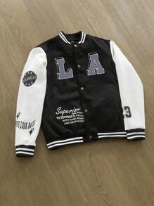 1pc Boys & Teens Fashion Letter Print Color Block V-Neck Pullover Sweatshirt Jacket, Autumn/Winter