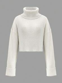 Ribbed Collar Solid Color Cropped Long Sleeve Loose Casual Knit Pullover Top - White - View 11