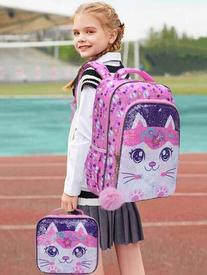 BLING BABIES 3pcs/Set Girls' Backpack, Cute Cartoon Cat Sequin Design School Bag, Suitable For Elementary Students, 17-Inch Children's Backpack With Lunch Box And Pencil Case, Luminous Function - Pink