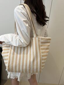 时尚复古条纹帆布手提包，大容量，用途广泛，是工作、上学或户外活动的理想之选，可用作背包、帆布包或沙滩包。 - 卡其色 - 查看 8