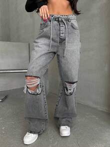 SQUALO Jeans à taille haute et jambe droite pour femmes, vêtements de travail pour femme - Gris - Voir 1
