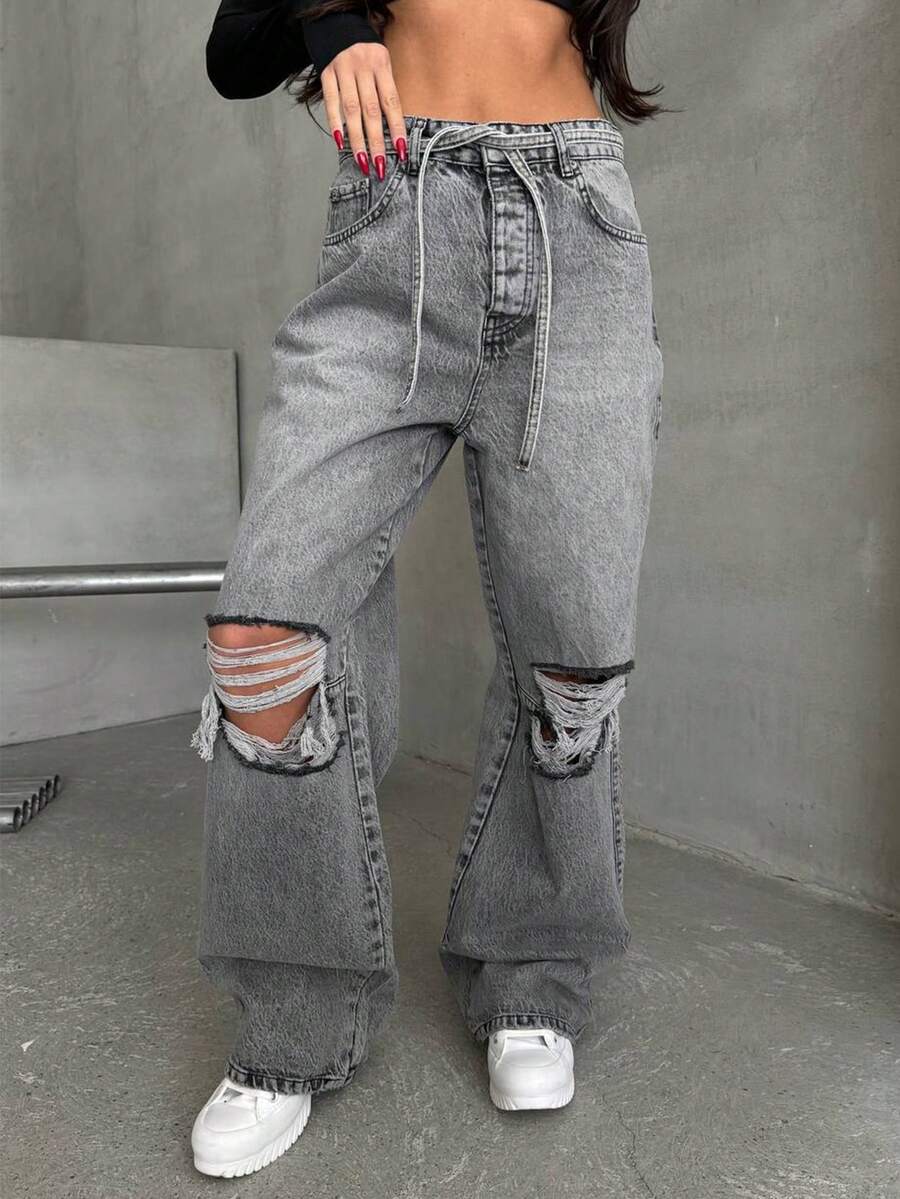 SQUALO Jeans à taille haute et jambe droite pour femmes, vêtements de travail pour femme - Gris - Voir 1