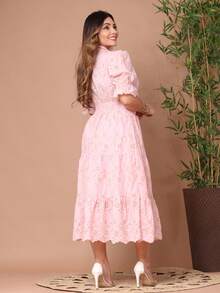 Women's Fashion Midi Dress In 3D Laise Fabric And Smooth With Elastex On The Back And Button On The Front And Lining - 雙色BB粉紅色 - 查看 3