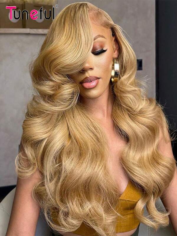 Tuneful Tuneful Wigs #27 Blonde Body Wave 13X6 Lace Front Blonde Pruiken Echt Haar 180% Dichtheid Kleine Onzichtbare Knopen Body Wave Lace Pruiken Voorgeplukt Voor Natuurlijke Haarlijn Tuneful Blonde Echt Haar