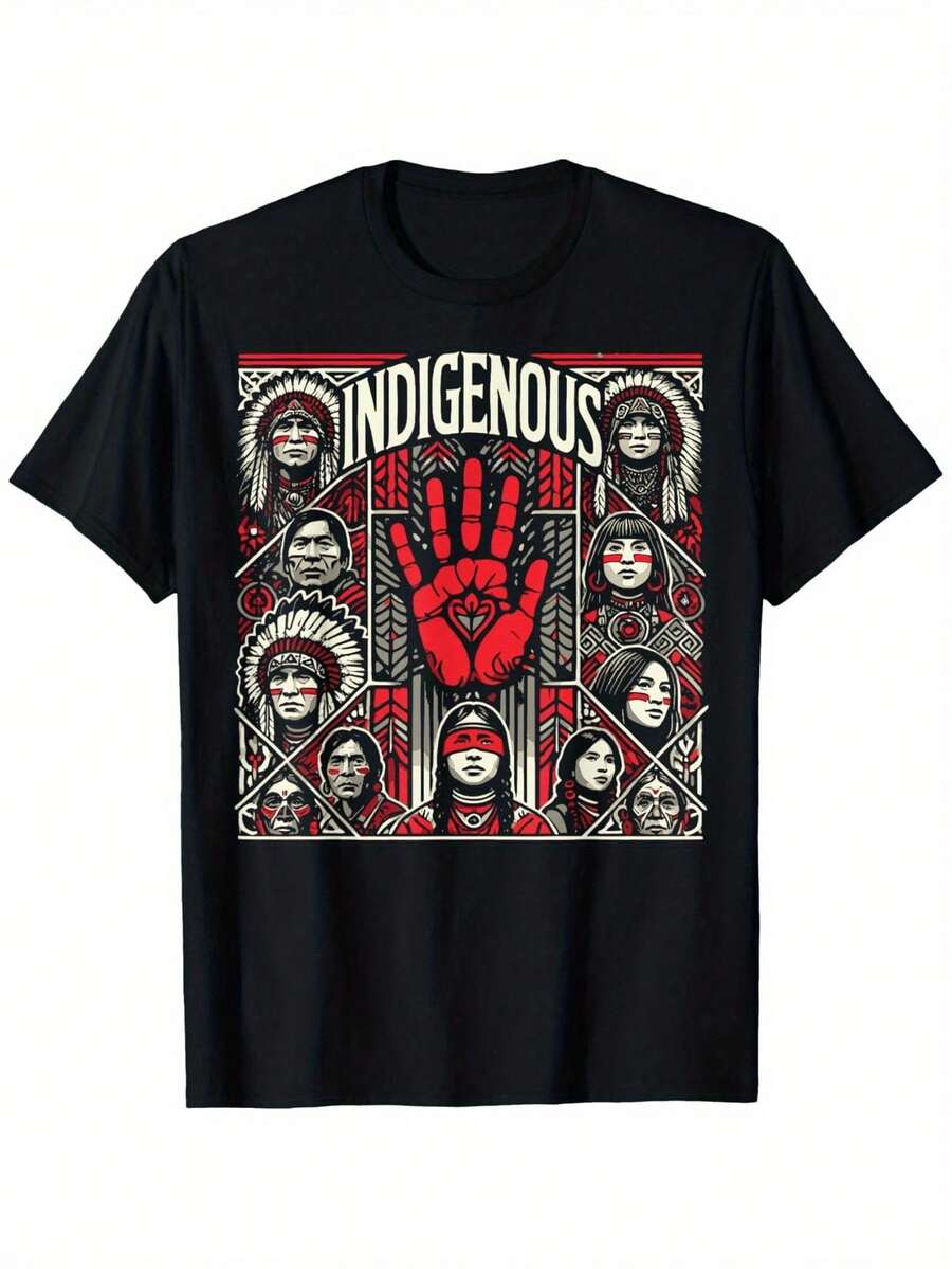 Indigenous Red Hand  Blood Themed T-Shirt, Loose Style New Unisex Short-Sleeved T-Shirt, Casual And Comfortable, 100% Cotton, S-XXXL - 黑色 - 查看 1