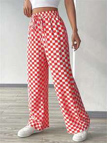 Quần ống rộng rộng rãi, thoải mái, họa tiết kẻ caro, dây rút - Đỏ - Xem 3